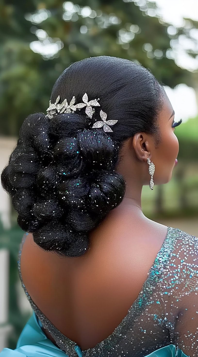 A woman with a glamorous twisted bubble bun, featuring a glittering floral hair accessory and a sleek, polished finish.