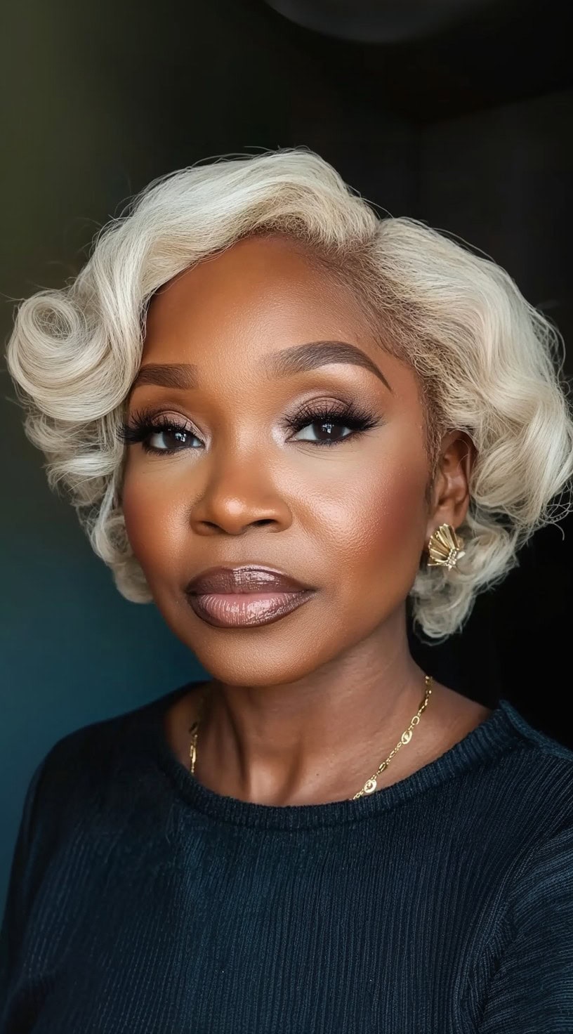 A woman with a platinum blonde short weave styled in glamorous, vintage Hollywood waves.