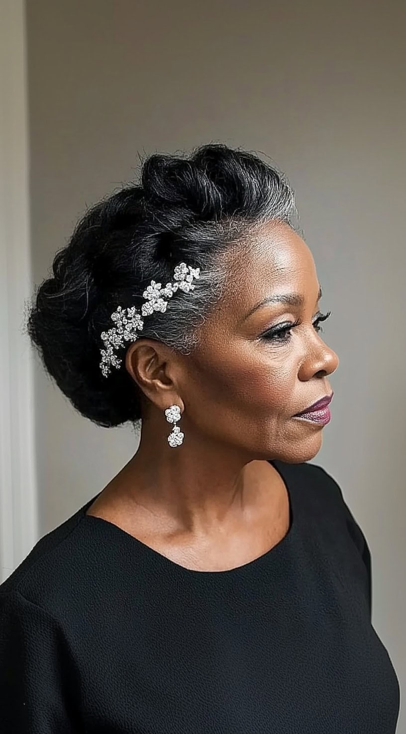 Side portrait of a mature woman with a glamorous, vintage-inspired updo featuring soft curls and adorned with sparkling hair accessories.