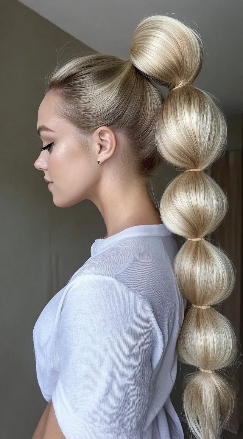 A woman with sleek platinum blonde hair styled into a high bubble ponytail with large, evenly spaced sections creating a dramatic effect.