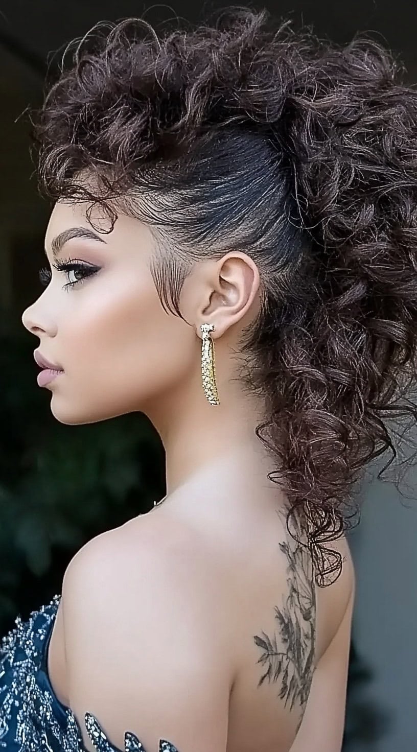 A woman with a voluminous curly mohawk, defined baby hairs, and bold earrings, wearing a sparkling dark blue gown.