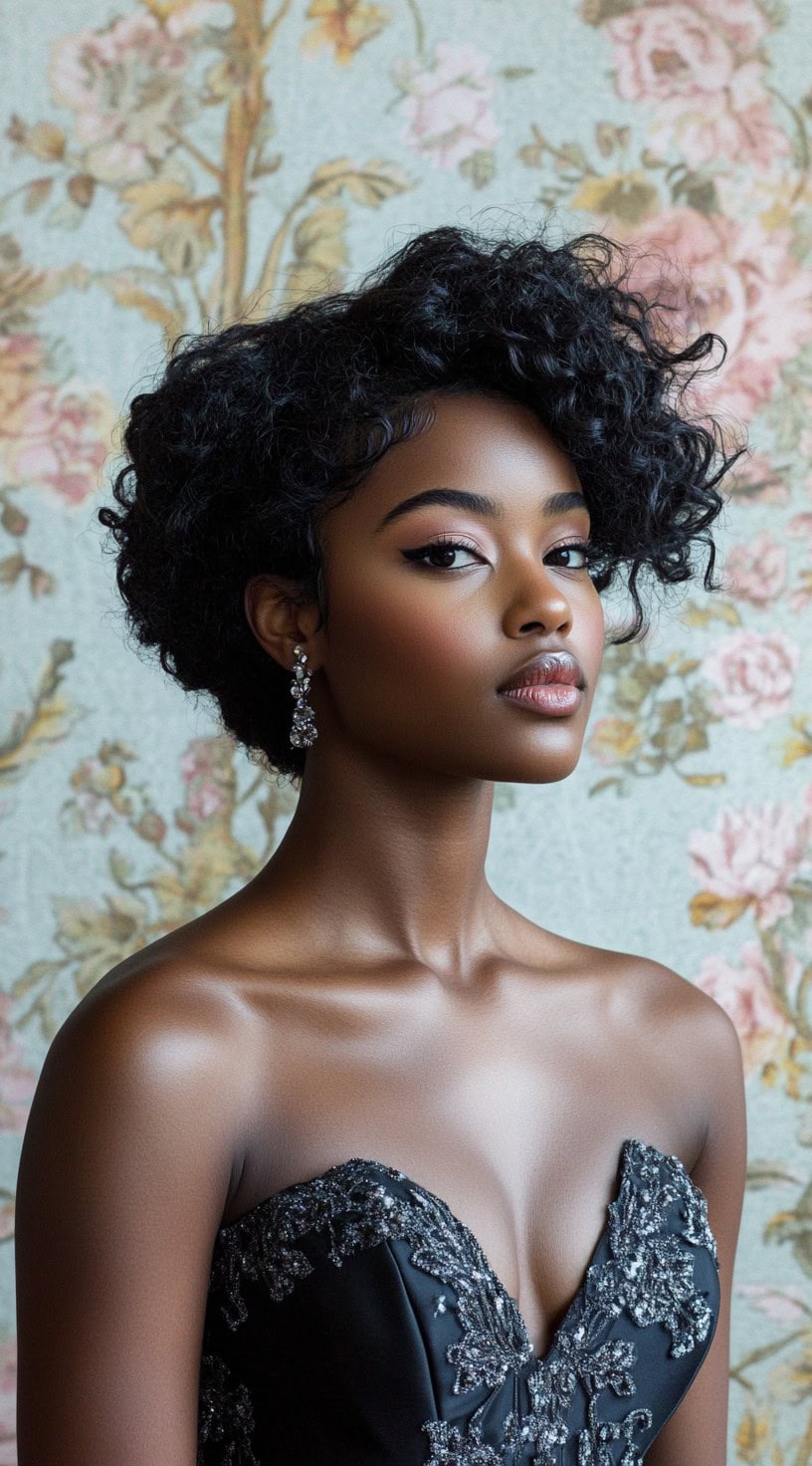A woman with a voluminous curly pixie cut, wearing a strapless black gown and chandelier earrings against a floral wallpaper backdrop.