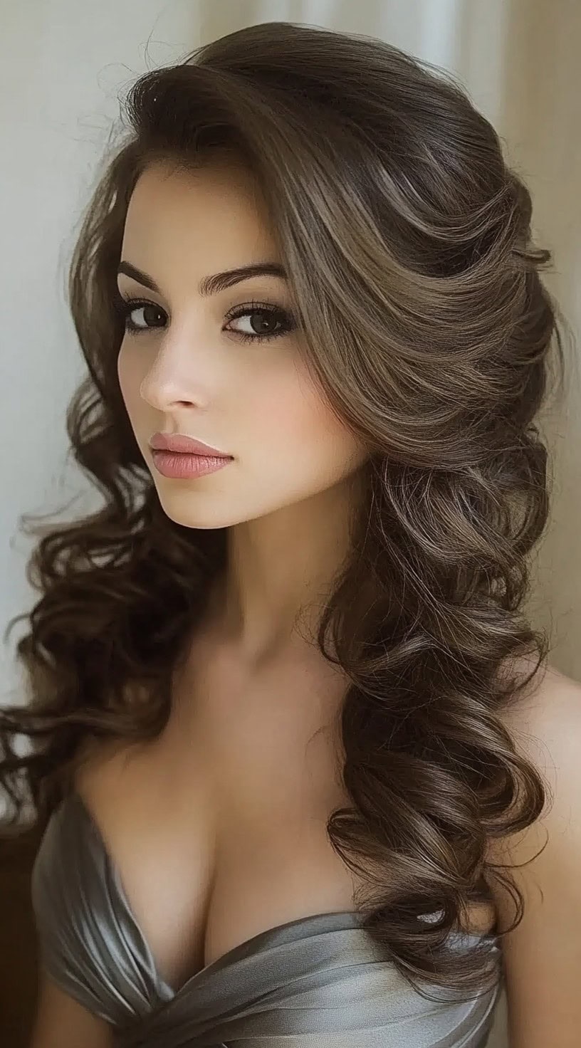 A woman with voluminous, cascading Hollywood curls, styled away from her face, wearing a strapless metallic dress.