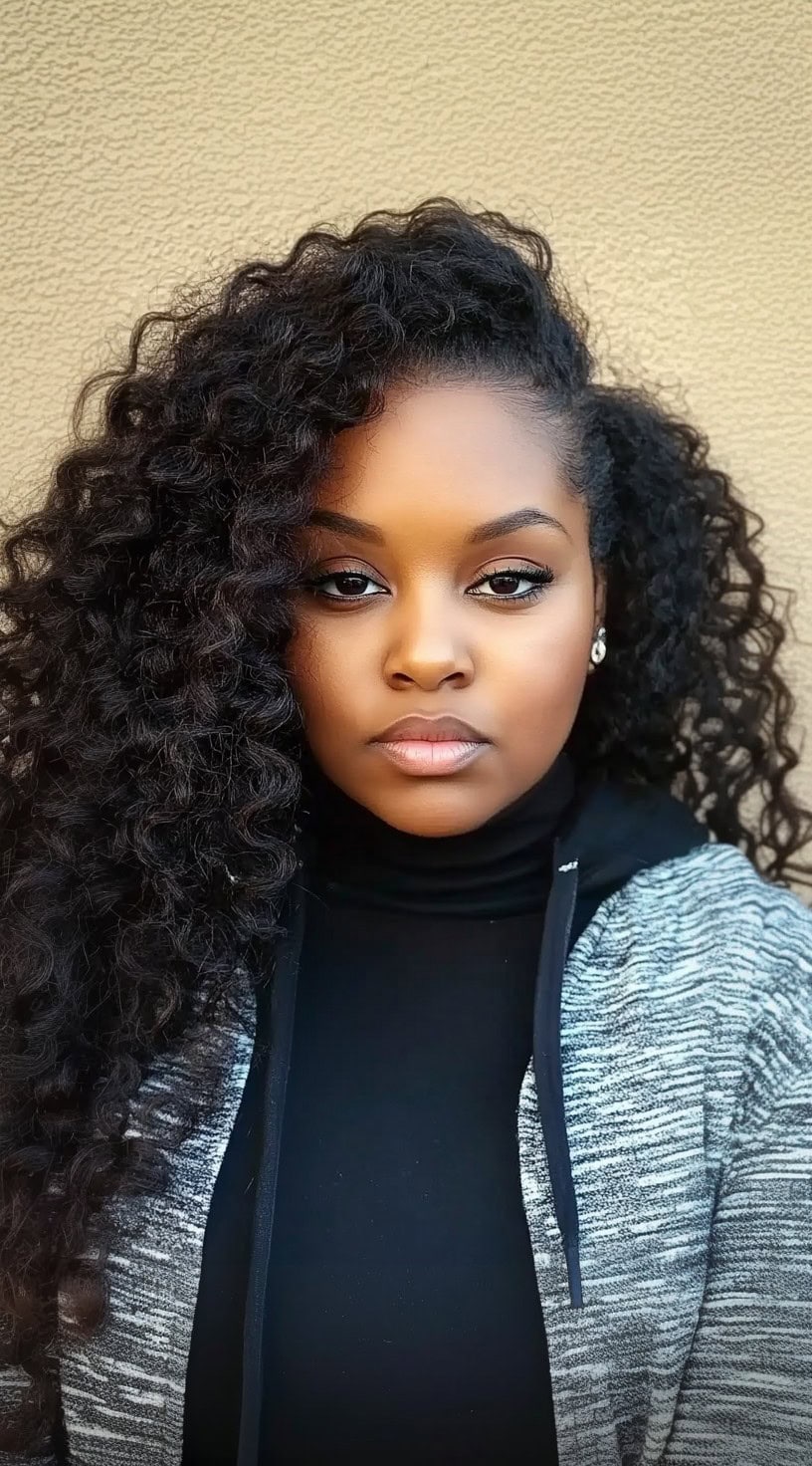 A woman with voluminous, naturally curly hair styled with a deep side part.