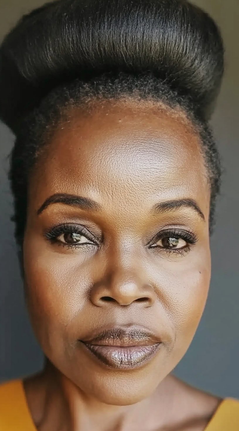 Close-up portrait of a woman wearing a voluminous natural updo hairstyle with sleek edges.