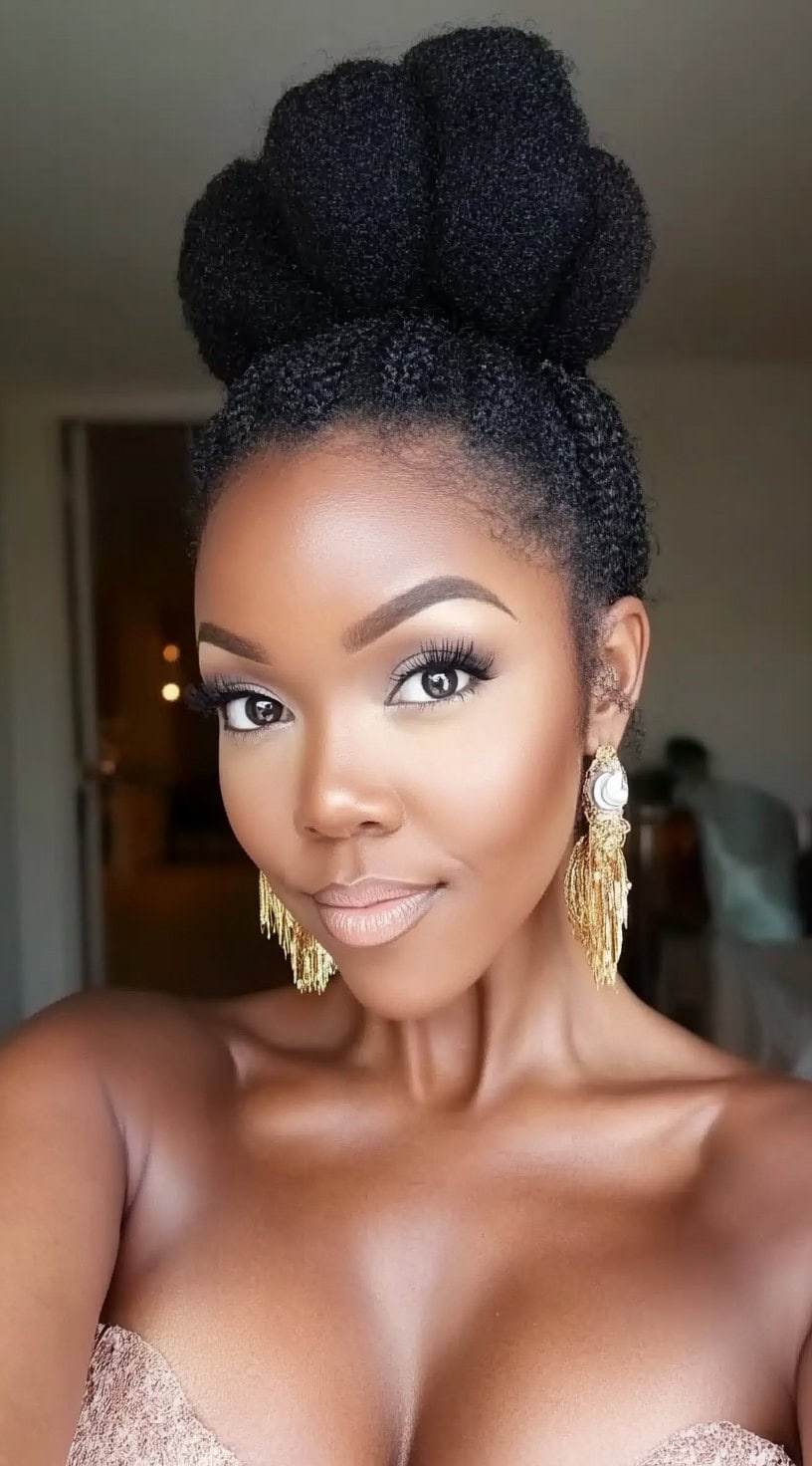 A woman with a structured, high bun created with multiple twisted sections, giving the style a regal and voluminous look.