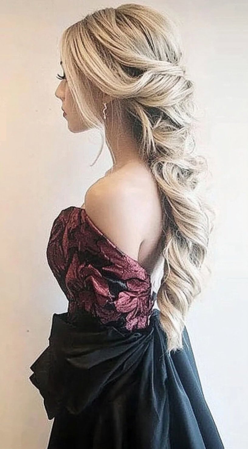 A woman with long, voluminous blonde hair styled in a cascading twisted mermaid braid, complementing her off-the-shoulder evening gown.