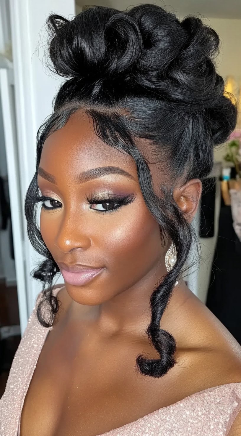 A woman with a textured updo featuring voluminous twists and defined curls framing her face, styled elegantly with soft baby hairs.