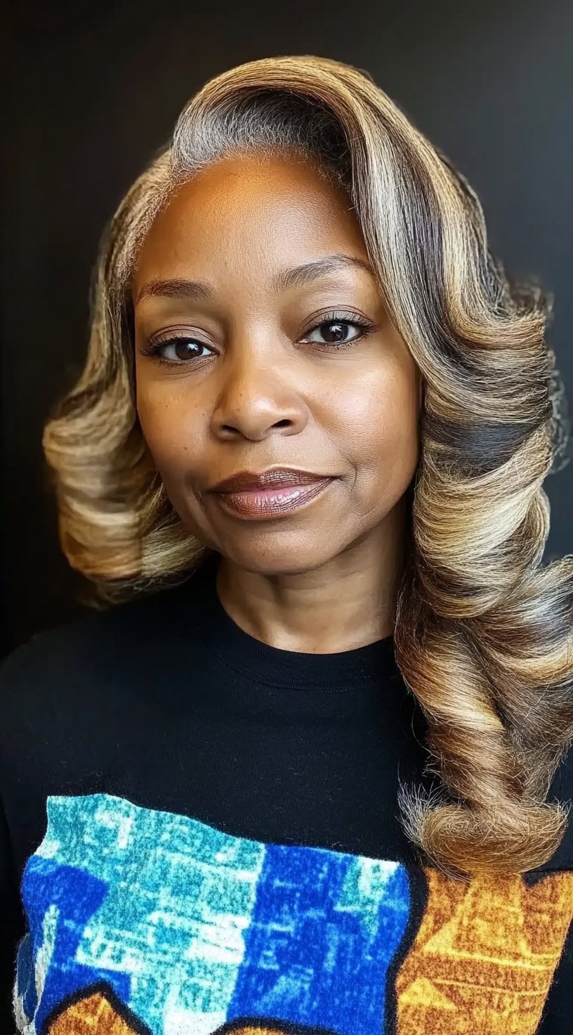 A woman with soft, voluminous curls featuring blonde highlights over dark roots, styled in a classic side part.