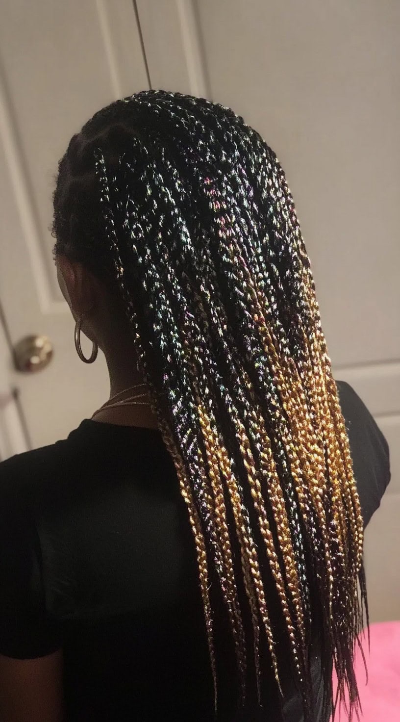 A woman with long, waist-length box braids transitioning from dark roots into shimmering golden ends.