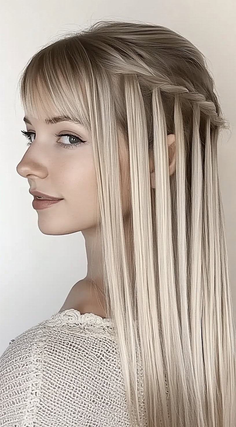 A woman with a sleek waterfall braid and straight bangs, showcasing an intricate woven pattern cascading through long, platinum blonde hair.