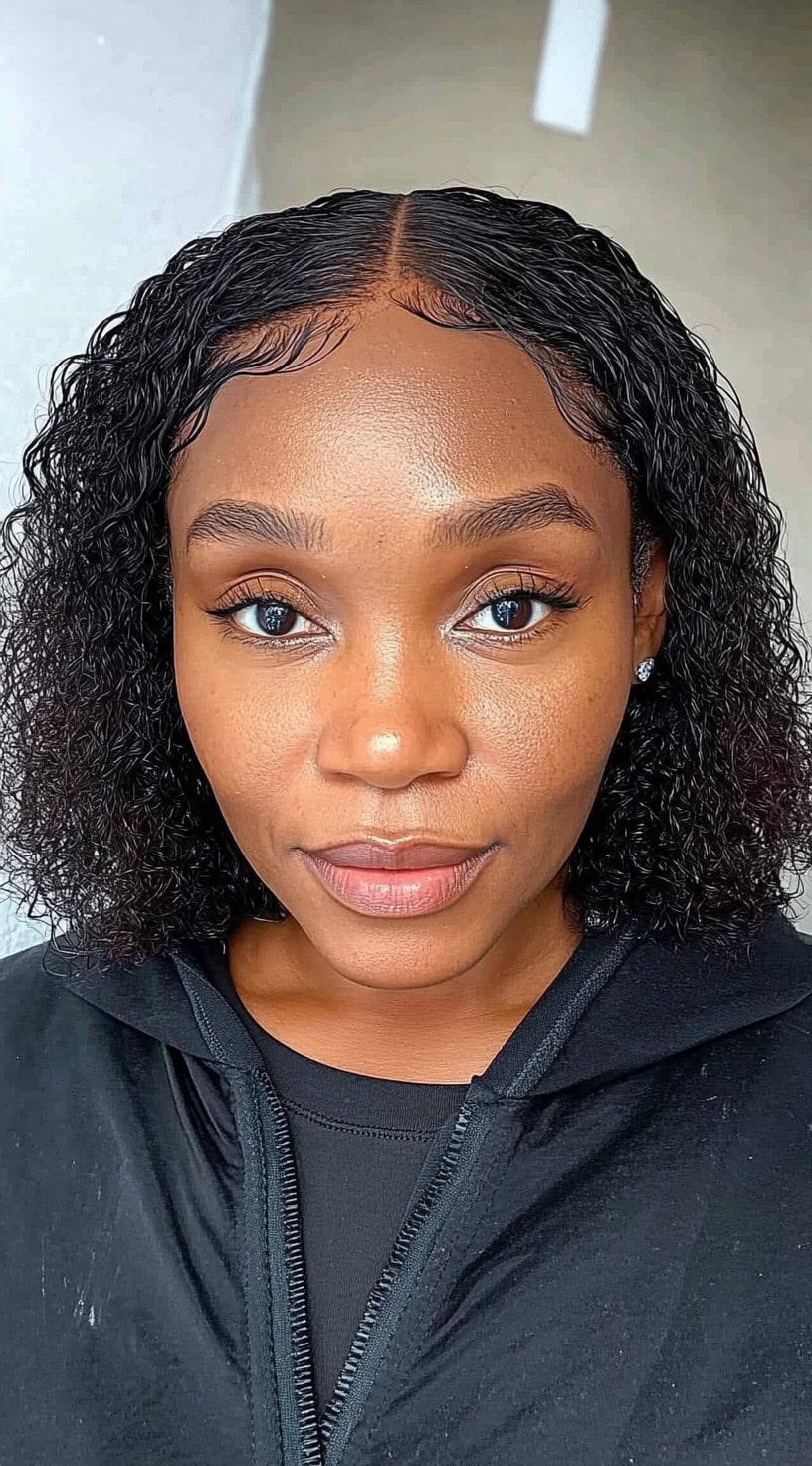 A woman with a short, wet and wavy bob featuring a sleek middle part and defined baby hairs along the hairline.