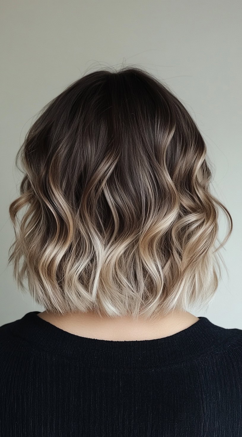A woman with a short curly bob showcasing ash blonde balayage blending into dark roots.