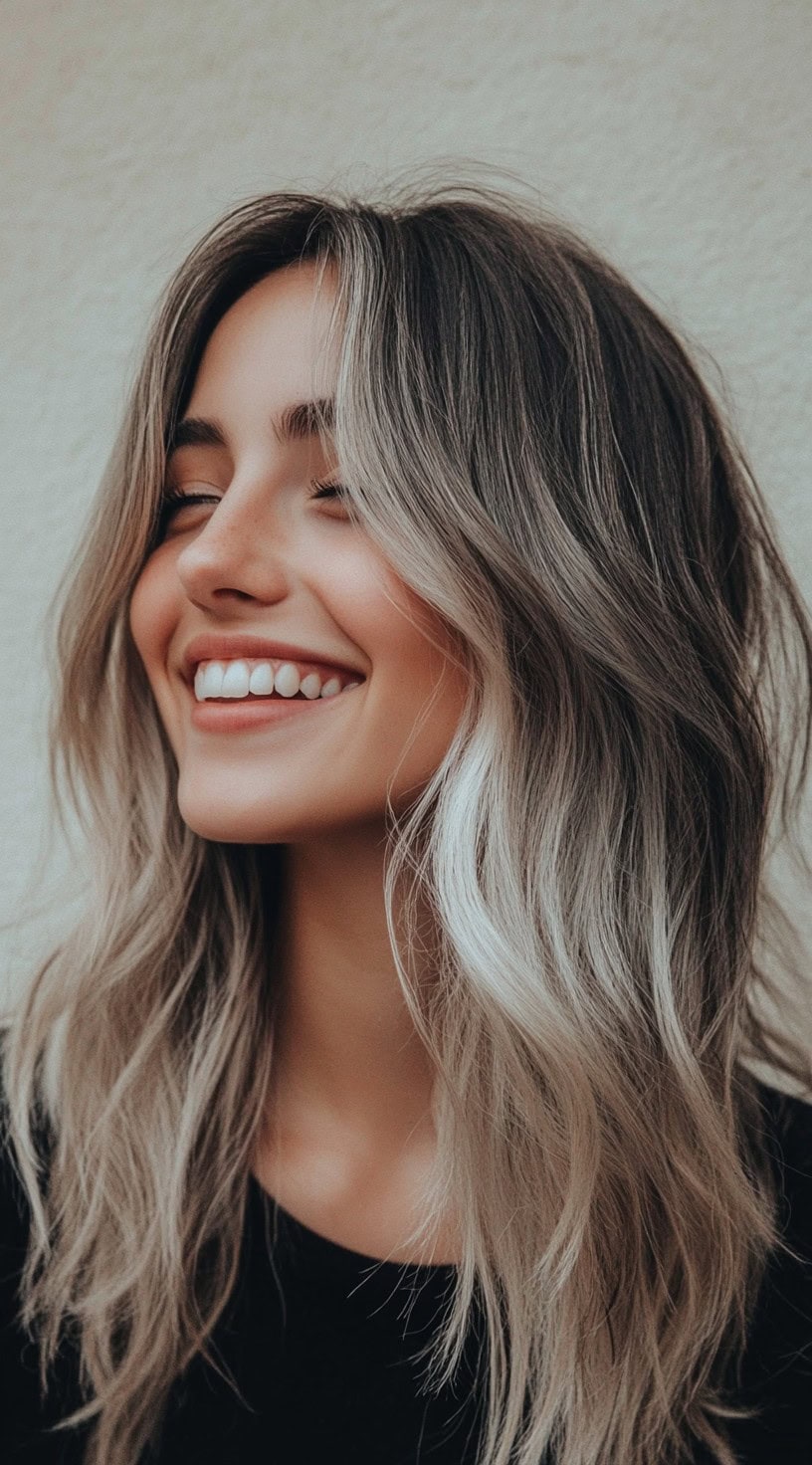 Soft, layered ash blonde balayage with charcoal brown roots and face-framing highlights.