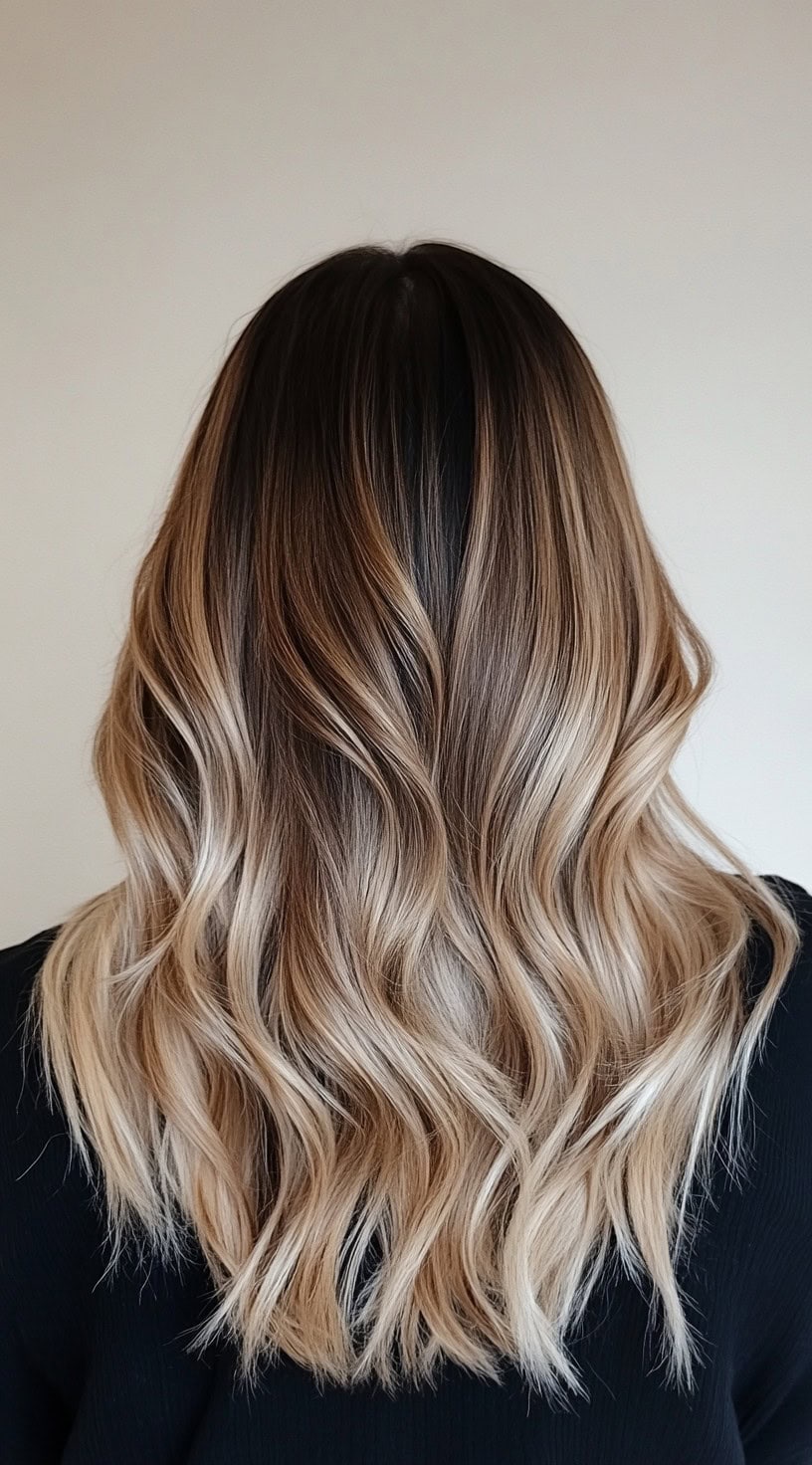 A woman with wavy hair showcasing a beige blonde balayage from dark roots to light ends.