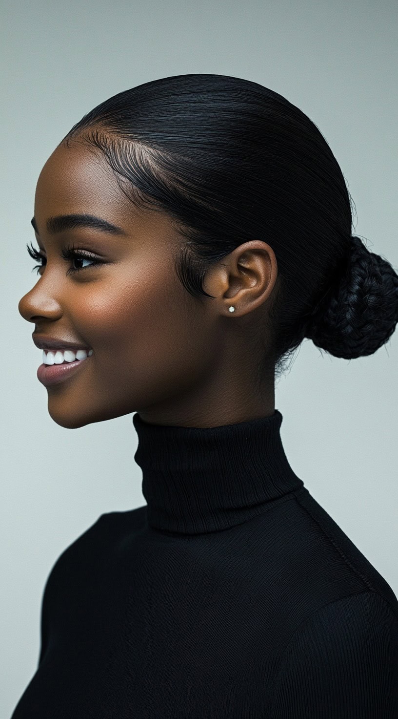 A woman with a braided low bun and slick back hair, wearing a black turtleneck.