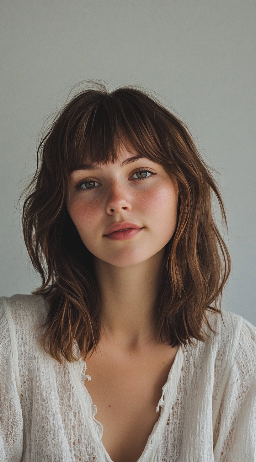 A young woman with shoulder-length, rich brunette hair styled in layered waves with textured bangs, wearing a white, slightly distressed top.