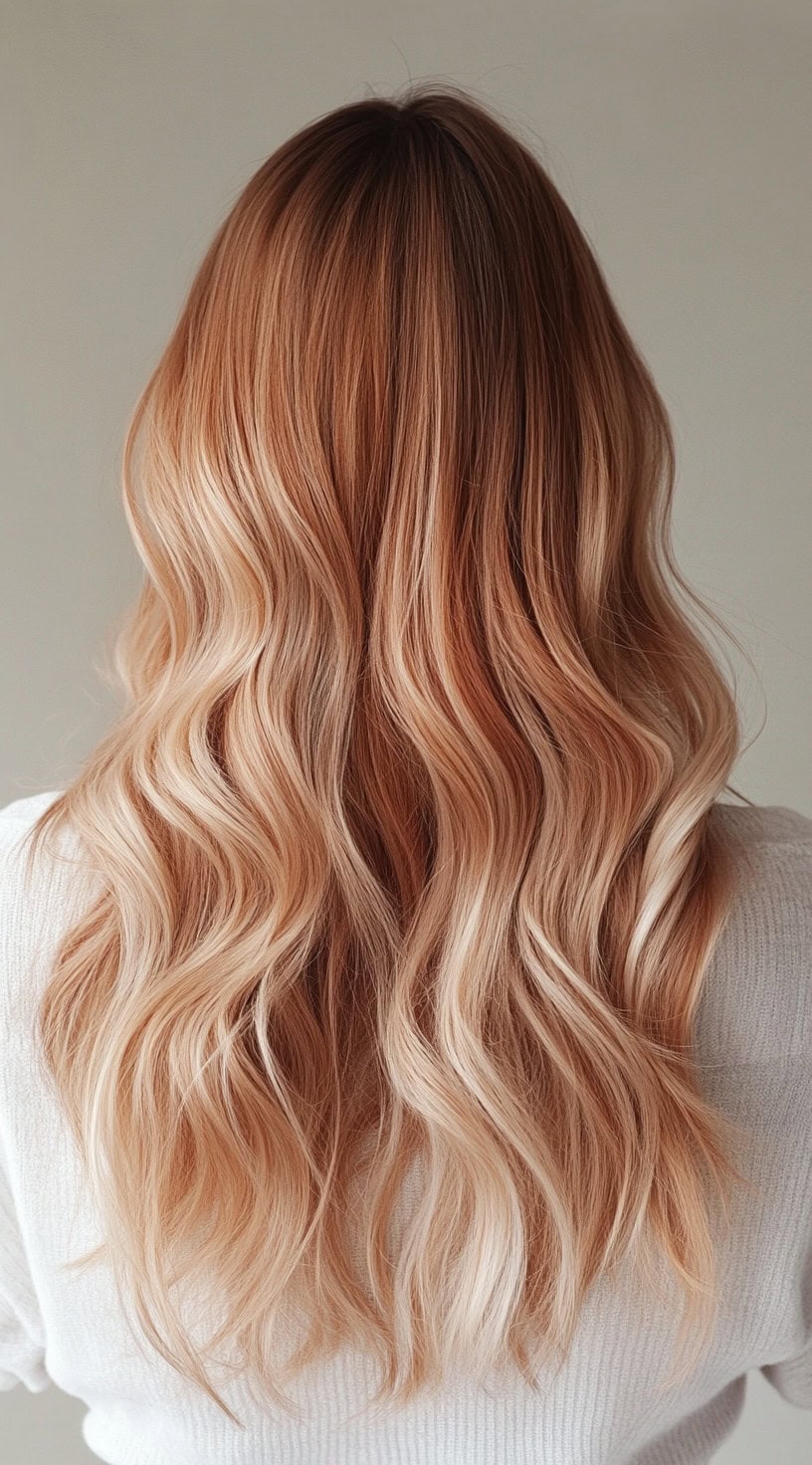 A back view of long, wavy hair in a soft, buttery strawberry blonde balayage with champagne blonde highlights.