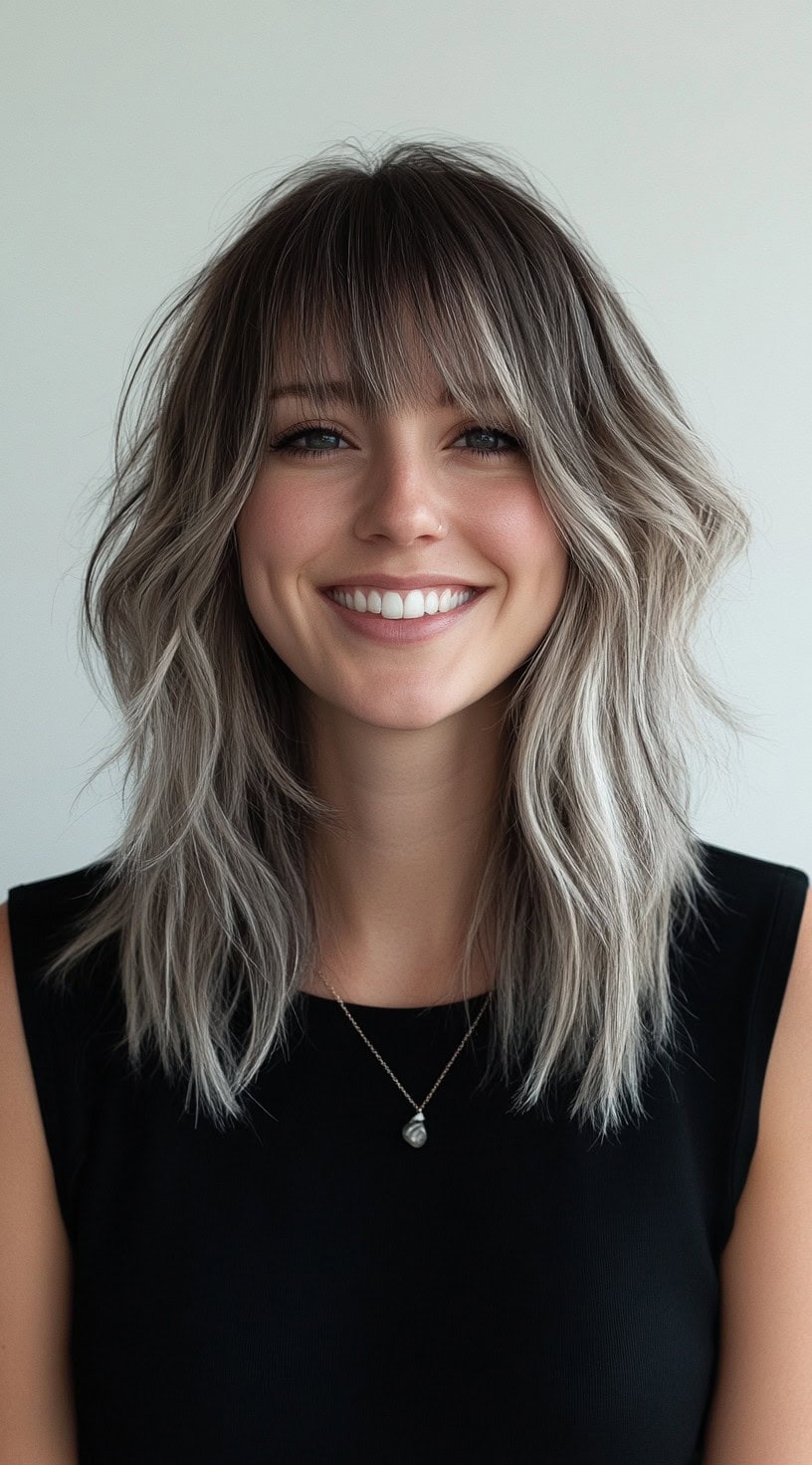 Medium-length choppy shag with medium brown roots blending into ash blonde.