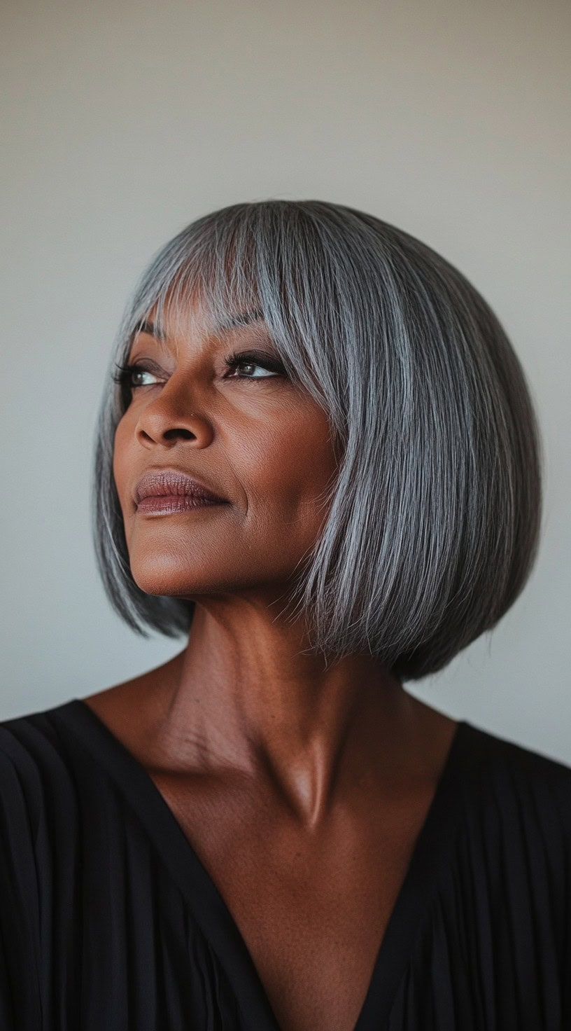 A poised older Black woman with a chin-length silver bob, featuring soft, feathered bangs, wearing a black top for a chic and timeless look.