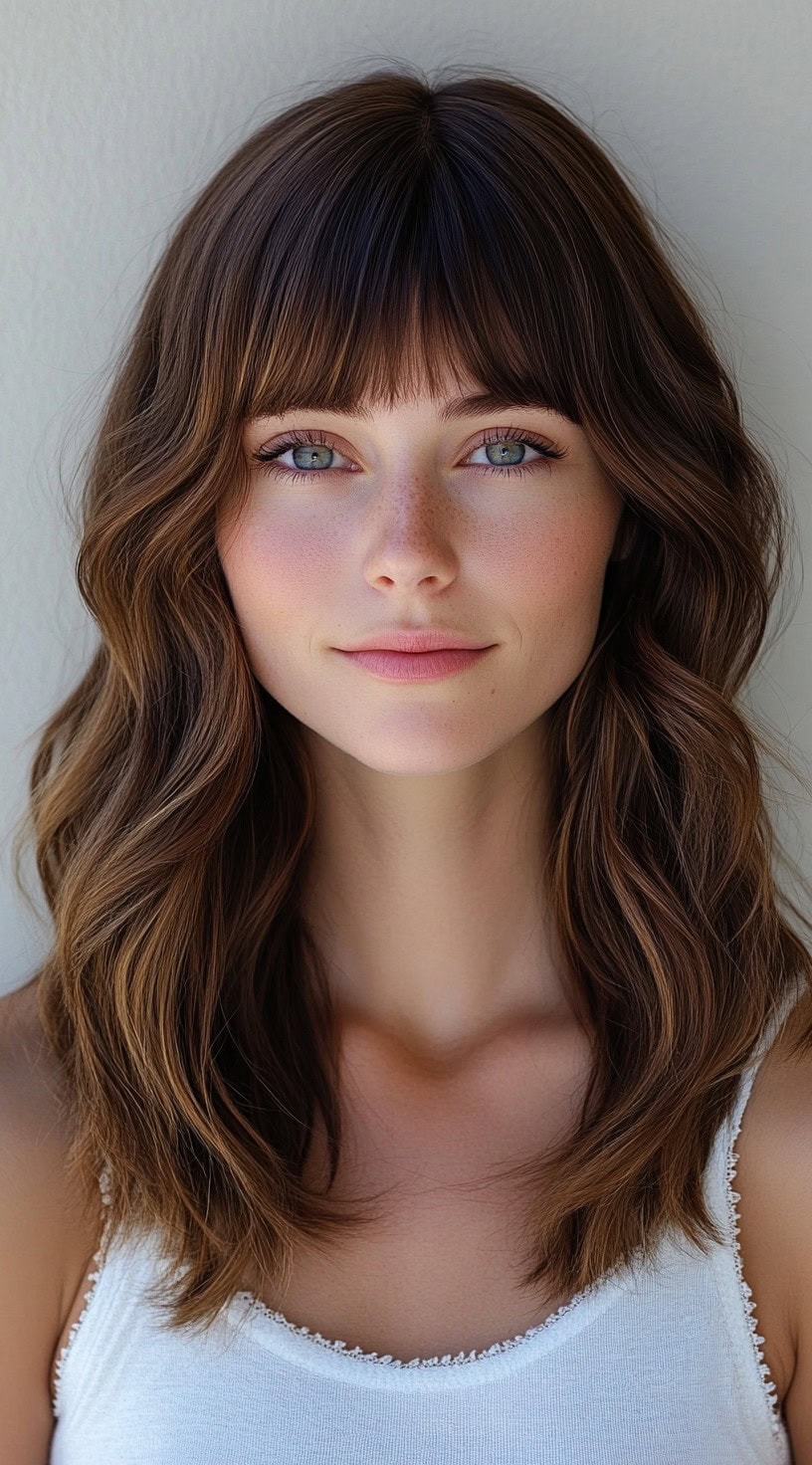 A young woman with classic brunette waves styled with blended bangs, wearing a white tank top.