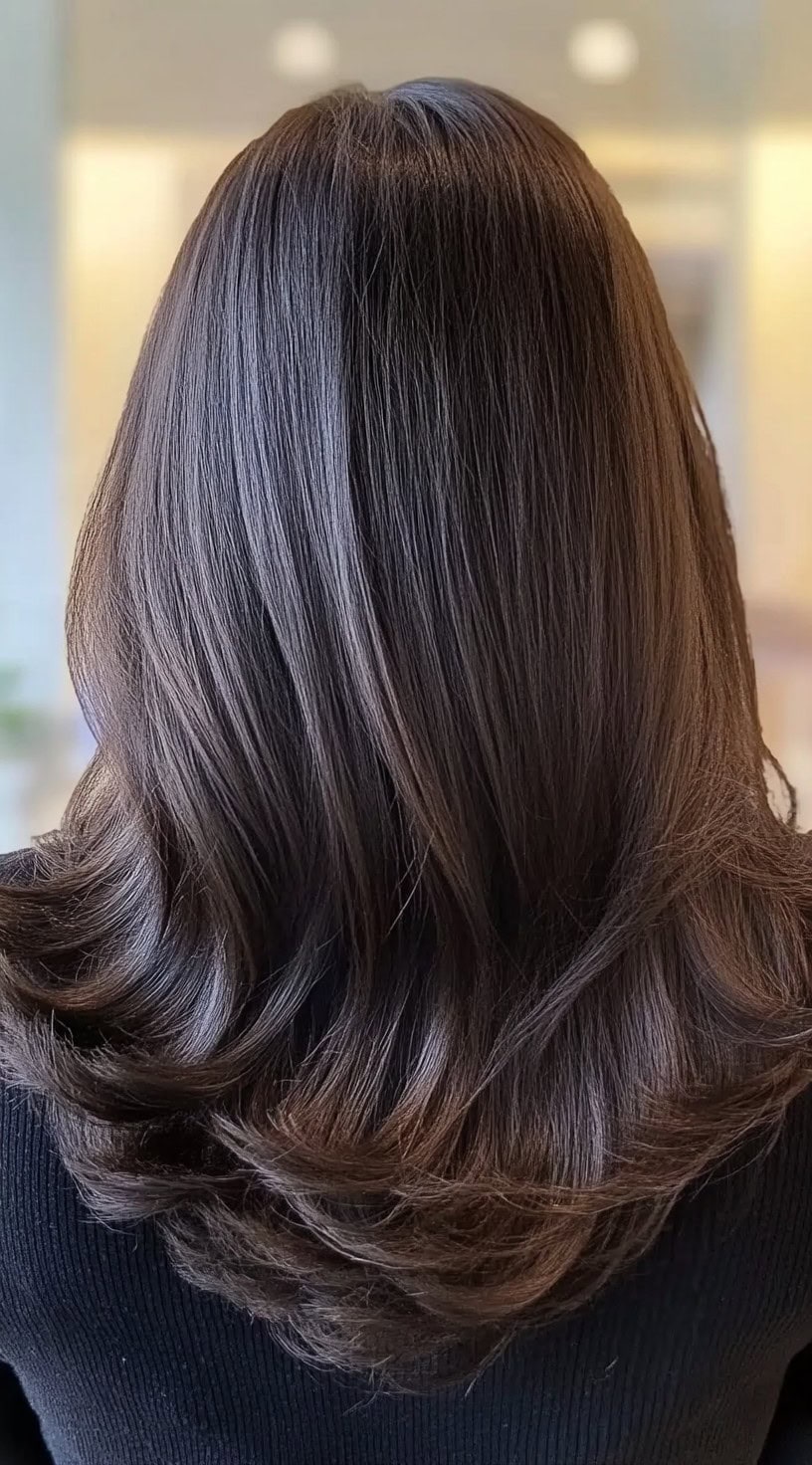 A woman with a sleek feathered blowout, featuring polished layers that curve outward at the ends for a sophisticated touch.