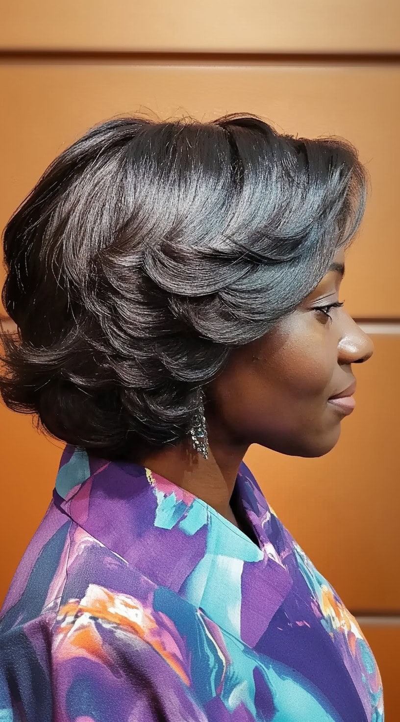 A woman with a classic feathered bob, featuring neatly curled layers and a smooth, polished finish.