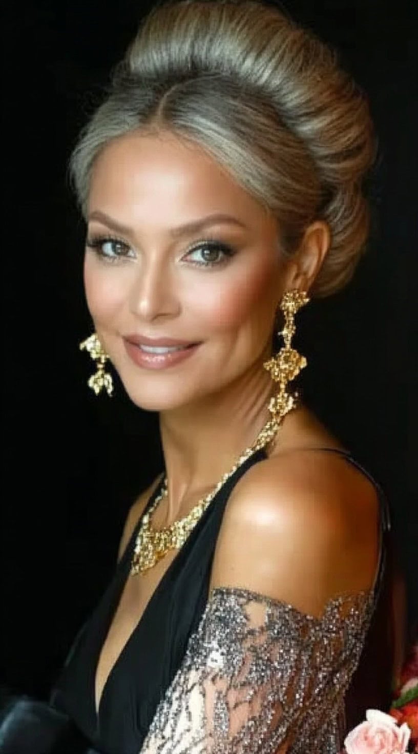 A sleek, voluminous French twist updo on a woman with silver-blonde hair, paired with glamorous jewelry.