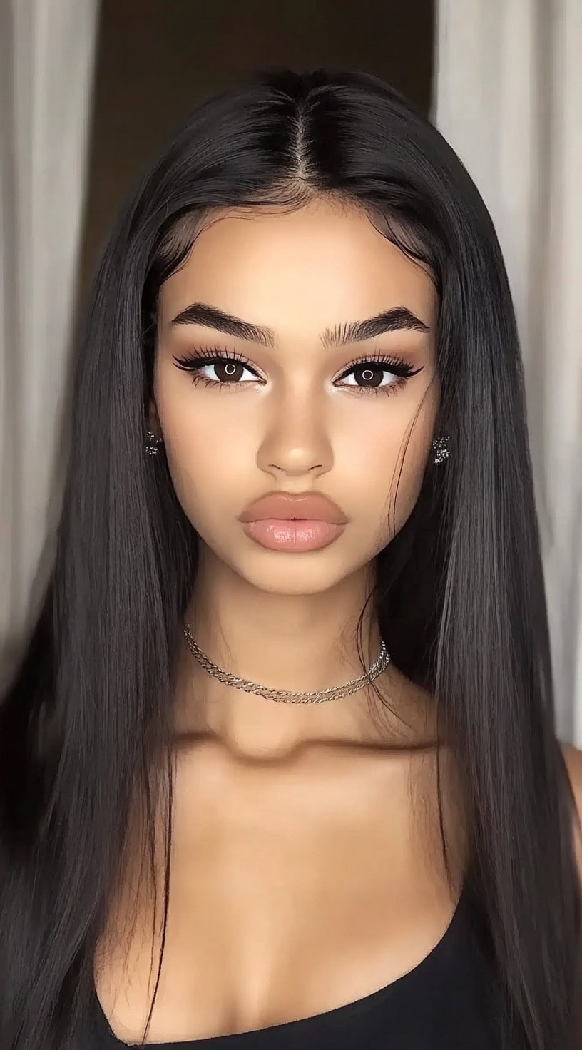 A woman with long, straight black hair styled in a middle part, featuring soft face-framing layers and sculpted edges.