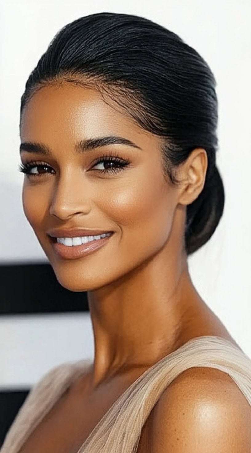 A woman with a classic slick back bun hairstyle, wearing a nude-toned dress and glowing makeup.