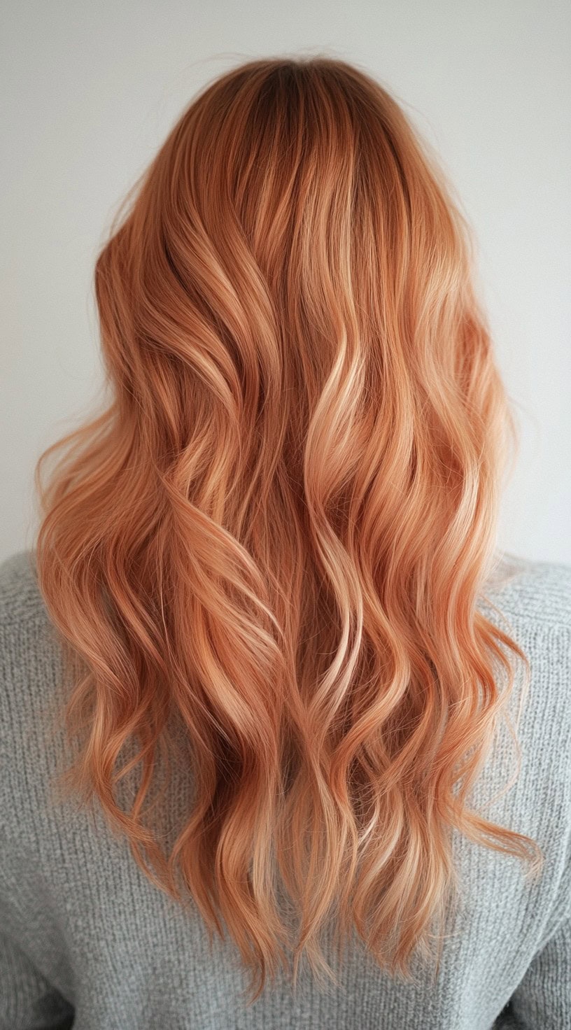 A back view of long, flowing hair with a buttery strawberry blonde balayage, styled in loose waves.