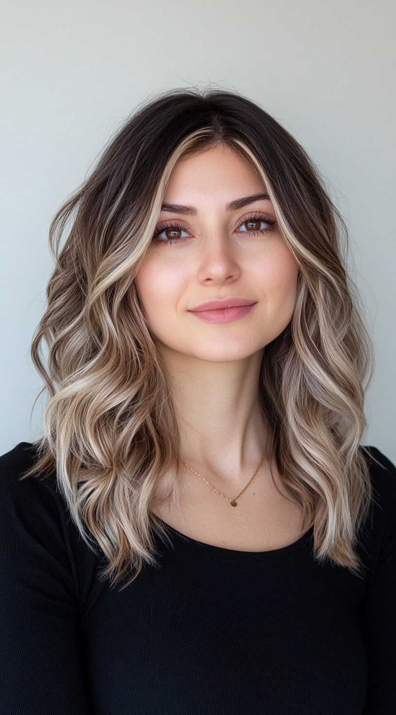 Medium-length wavy hair with cool ash blonde balayage starting from dark roots.