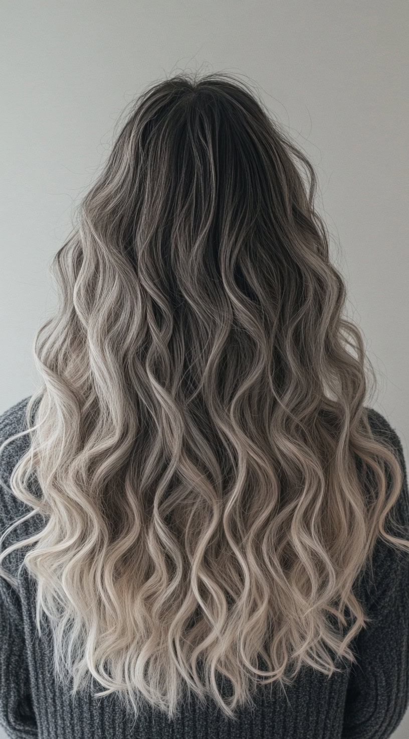 Long curly hair with dark brunette roots blending into ash blonde ends.