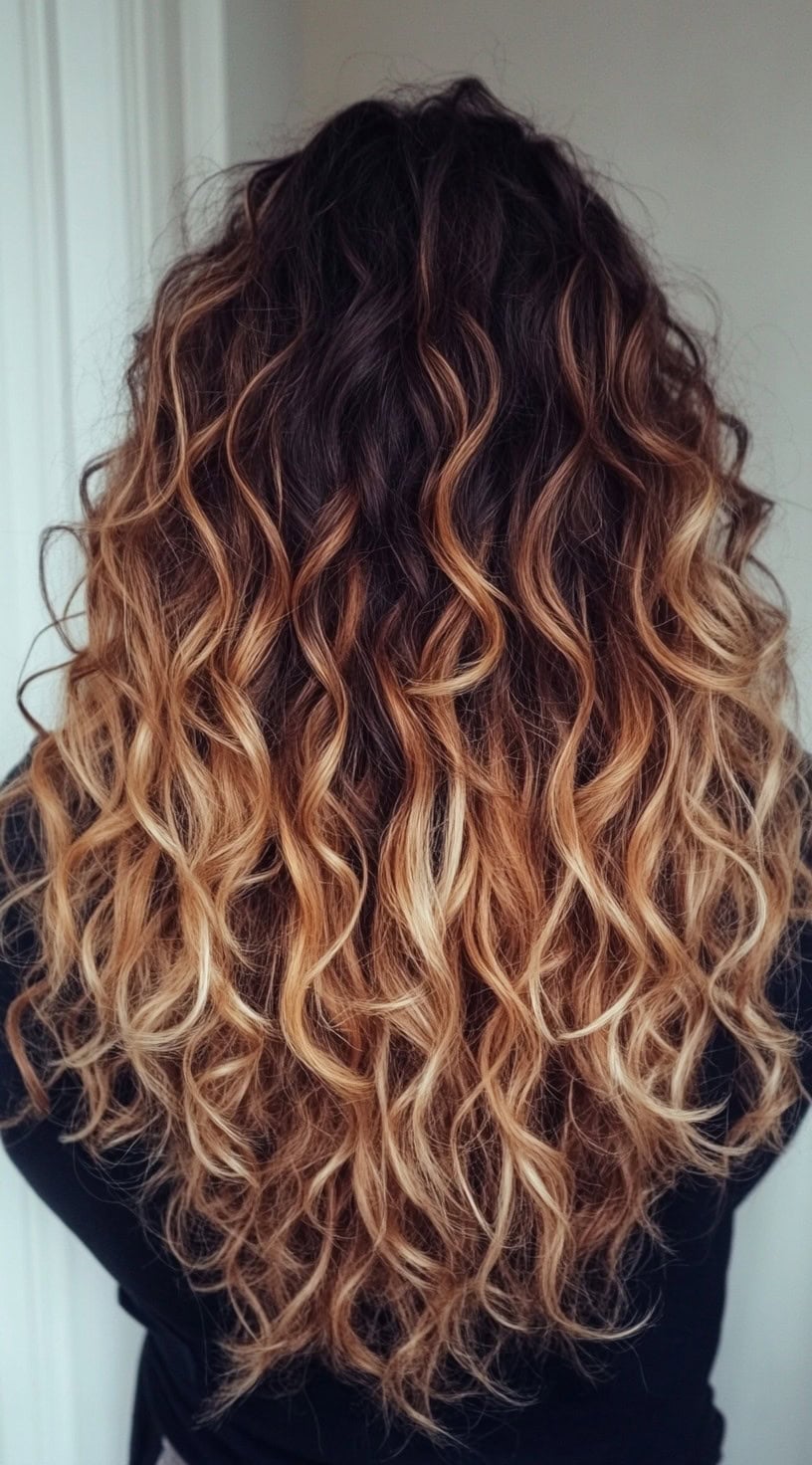 Long, voluminous curly hair with copper blonde balayage blending into a rich brunette base.