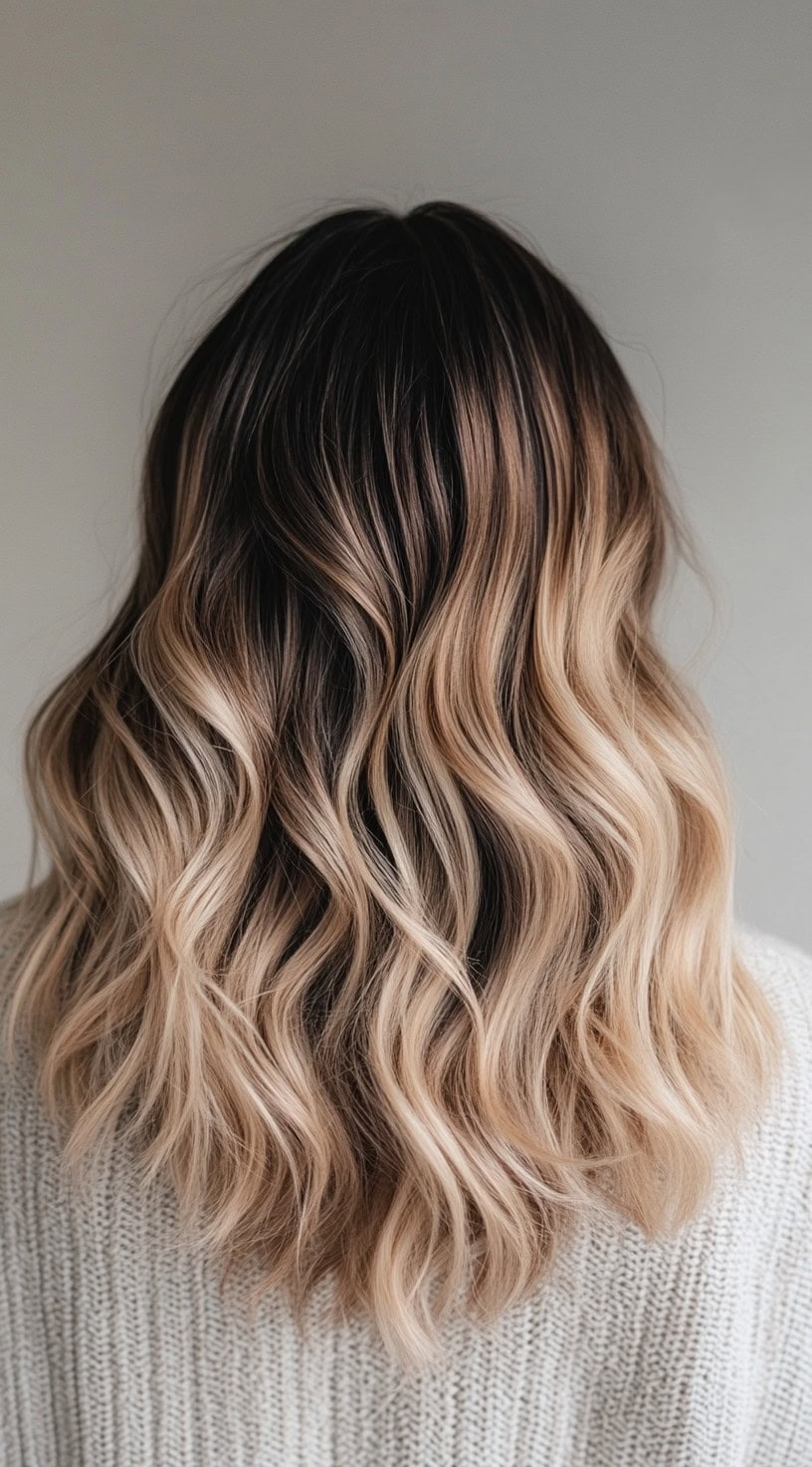 Medium-length wavy hair with creamy blonde balayage seamlessly blending from a dark brunette base.