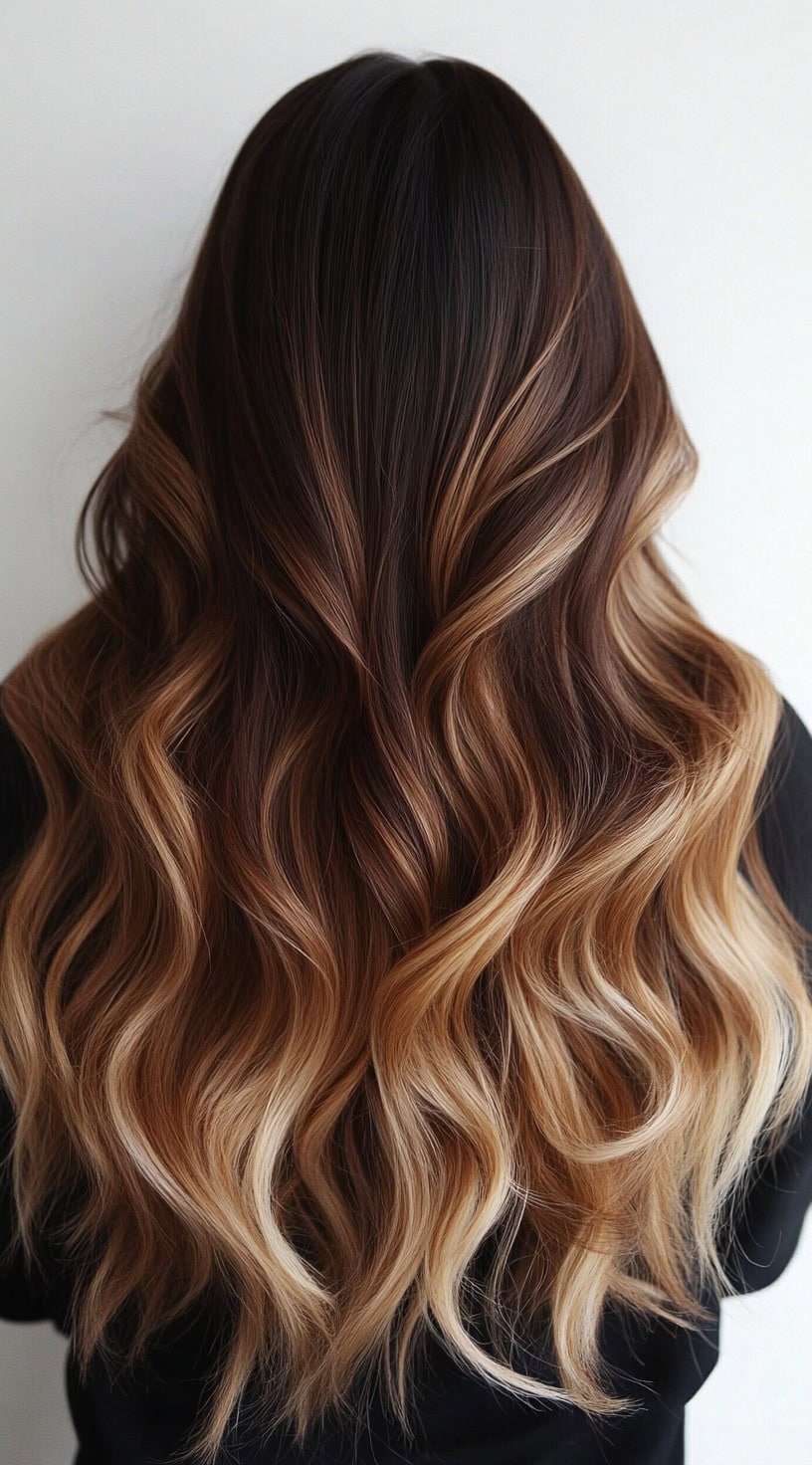 A woman with long wavy hair featuring dark mocha roots transitioning into copper blonde balayage.