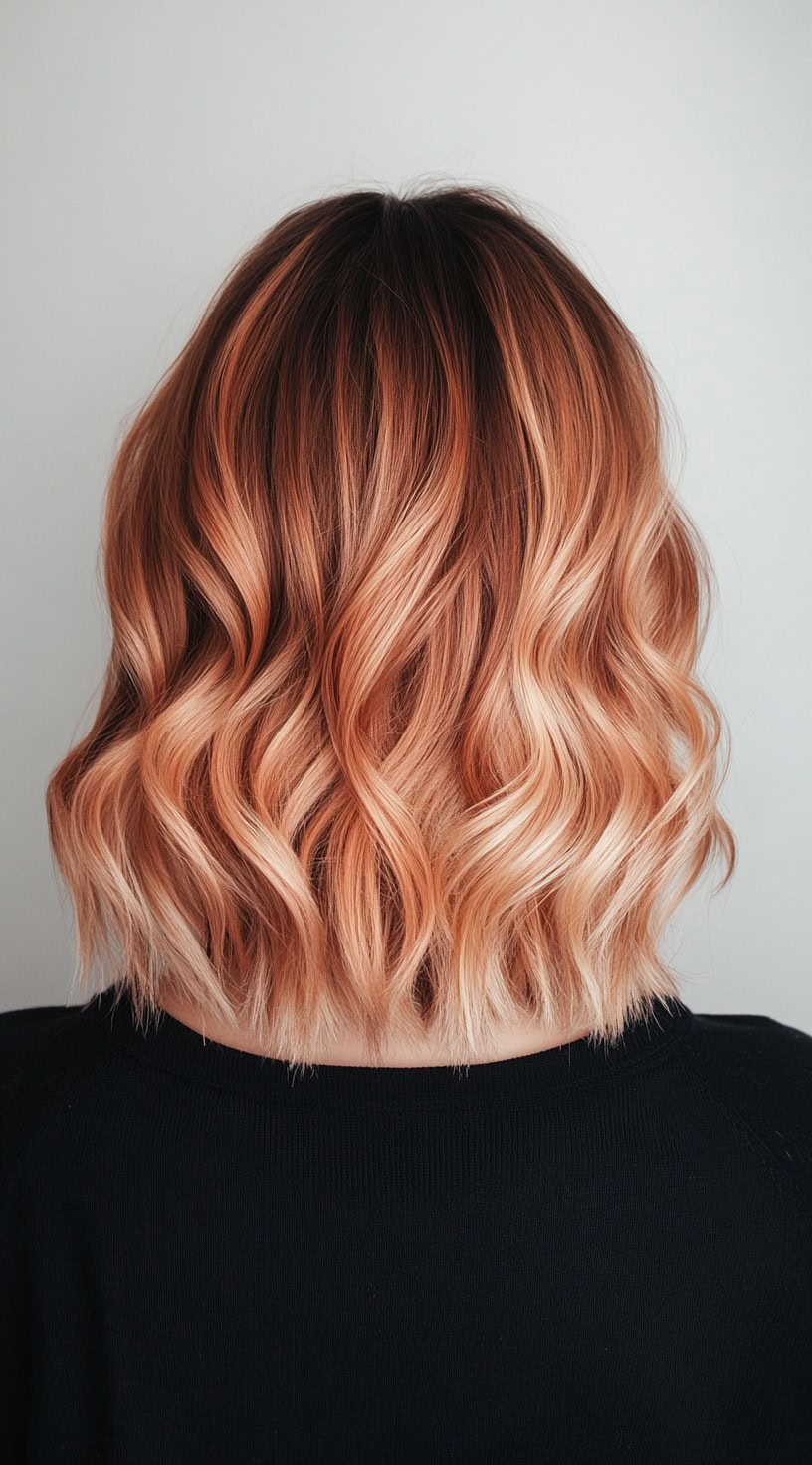 A shoulder-length blunt bob with wavy strawberry blonde balayage, featuring a smooth transition from deep roots to soft peachy blonde ends.