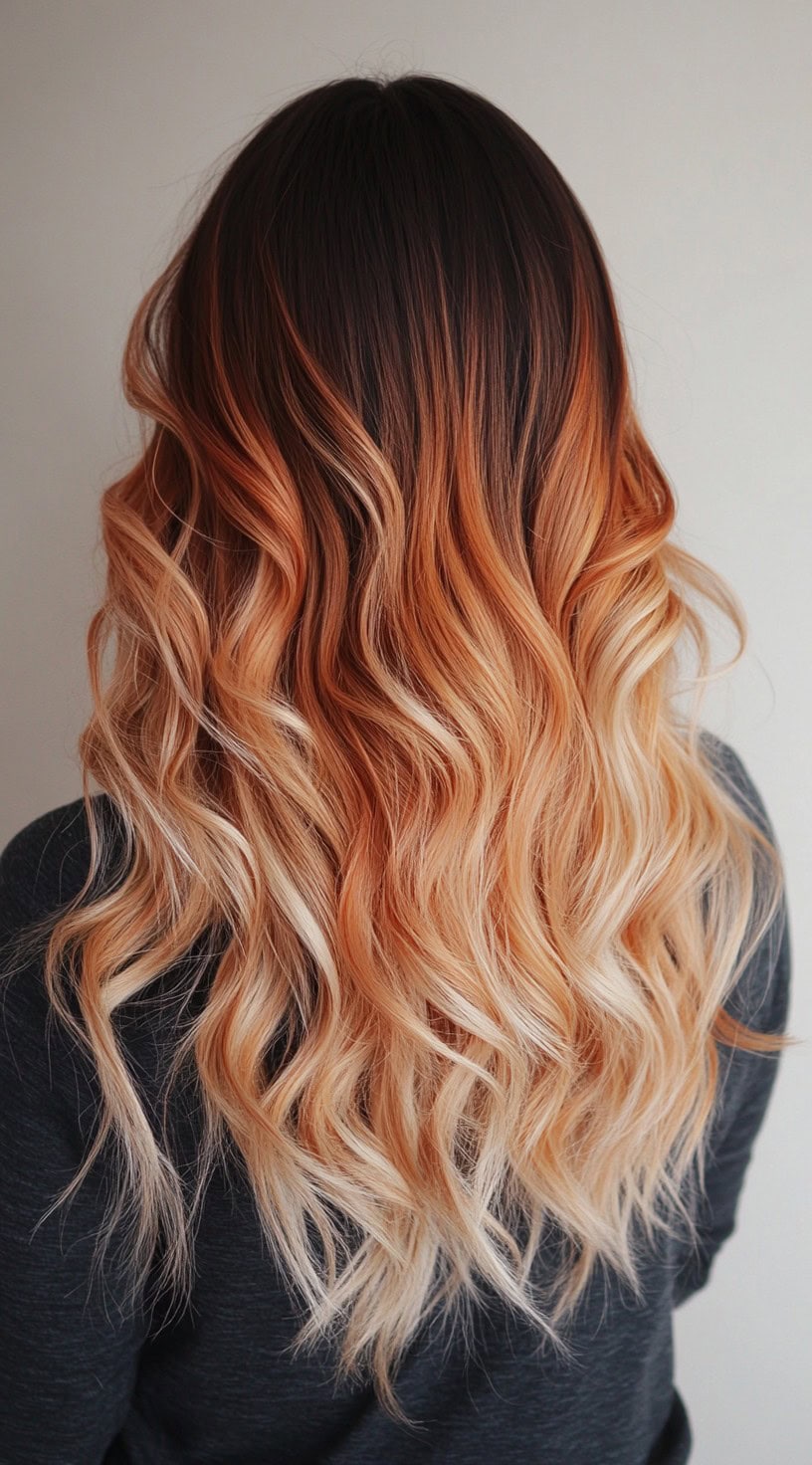 A back view of long, wavy hair with a deep brunette root melt transitioning into fiery copper and golden platinum ends.