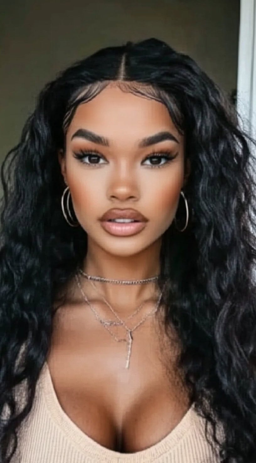 A woman with voluminous deep waves styled in a middle part, featuring sculpted baby hairs and soft, bouncy curls.