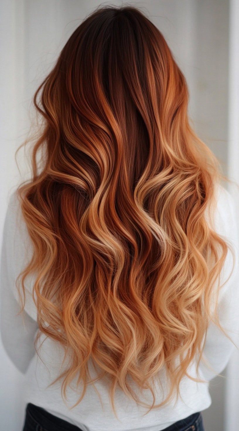 A back view of long, wavy hair with deep caramel and strawberry blonde balayage highlights.