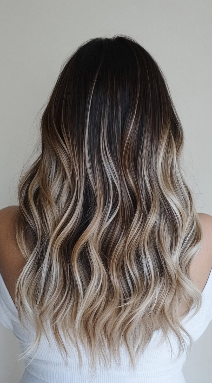 Long wavy hair with dark roots blending into dirty blonde balayage highlights.