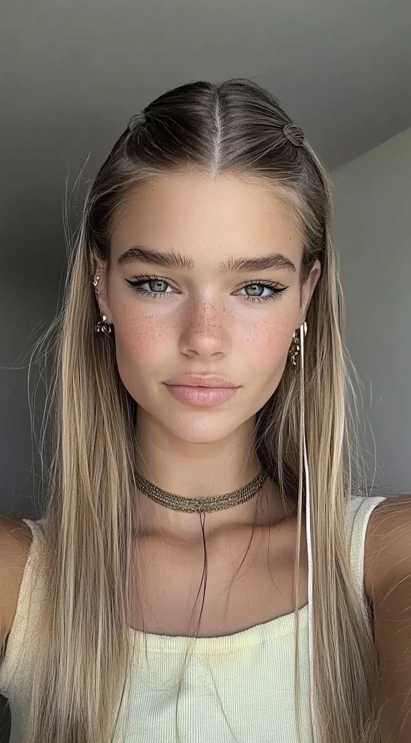 A woman with a double twist slick back hairstyle, wearing a choker necklace and simple makeup.