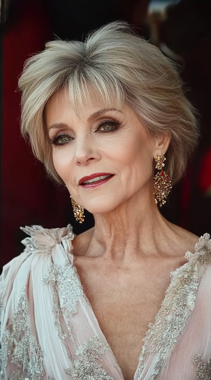A woman with a short, feathered bob styled with soft layers and subtle volume, complemented by statement earrings.