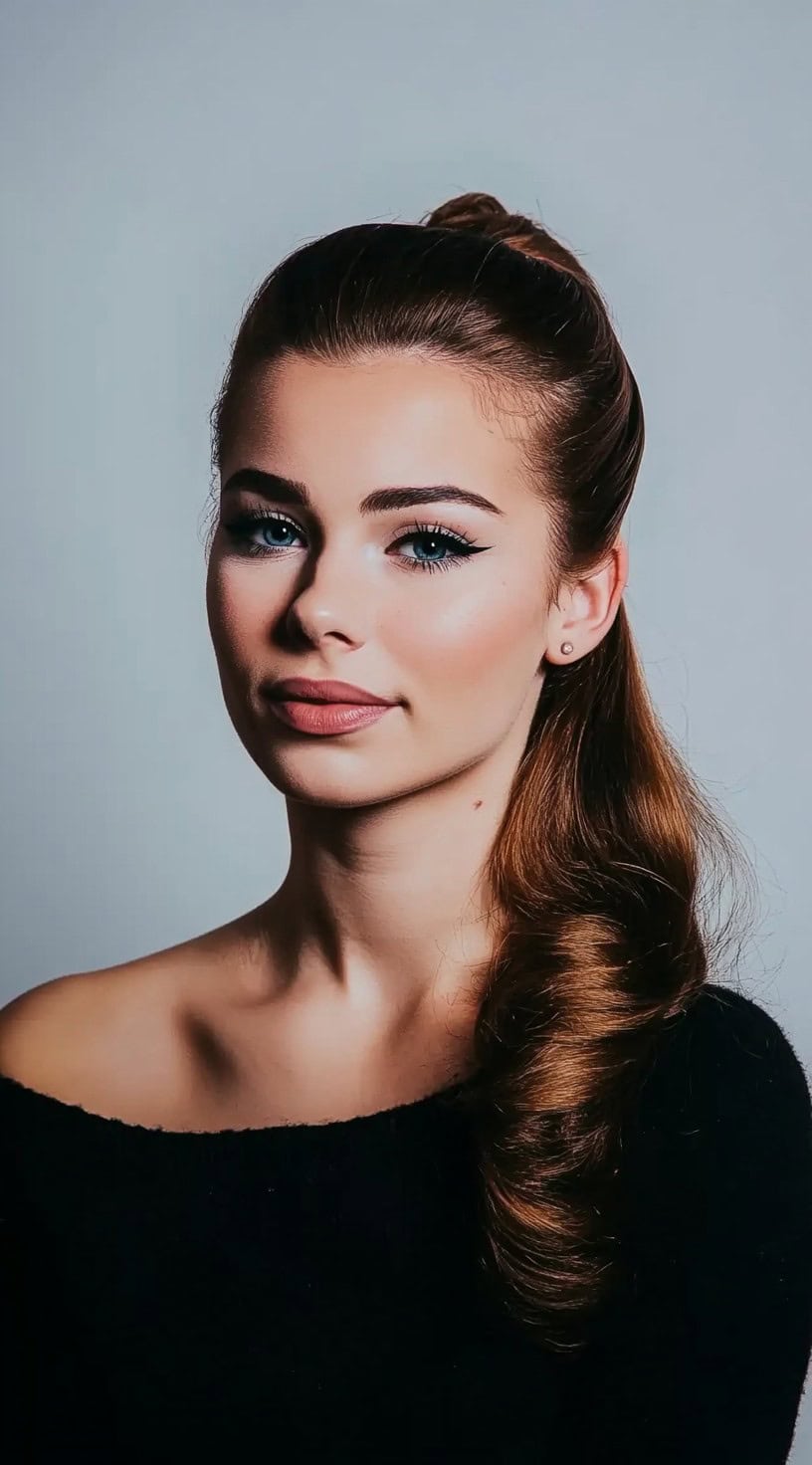 A woman with an elegant high ponytail featuring soft waves cascading down the back.
