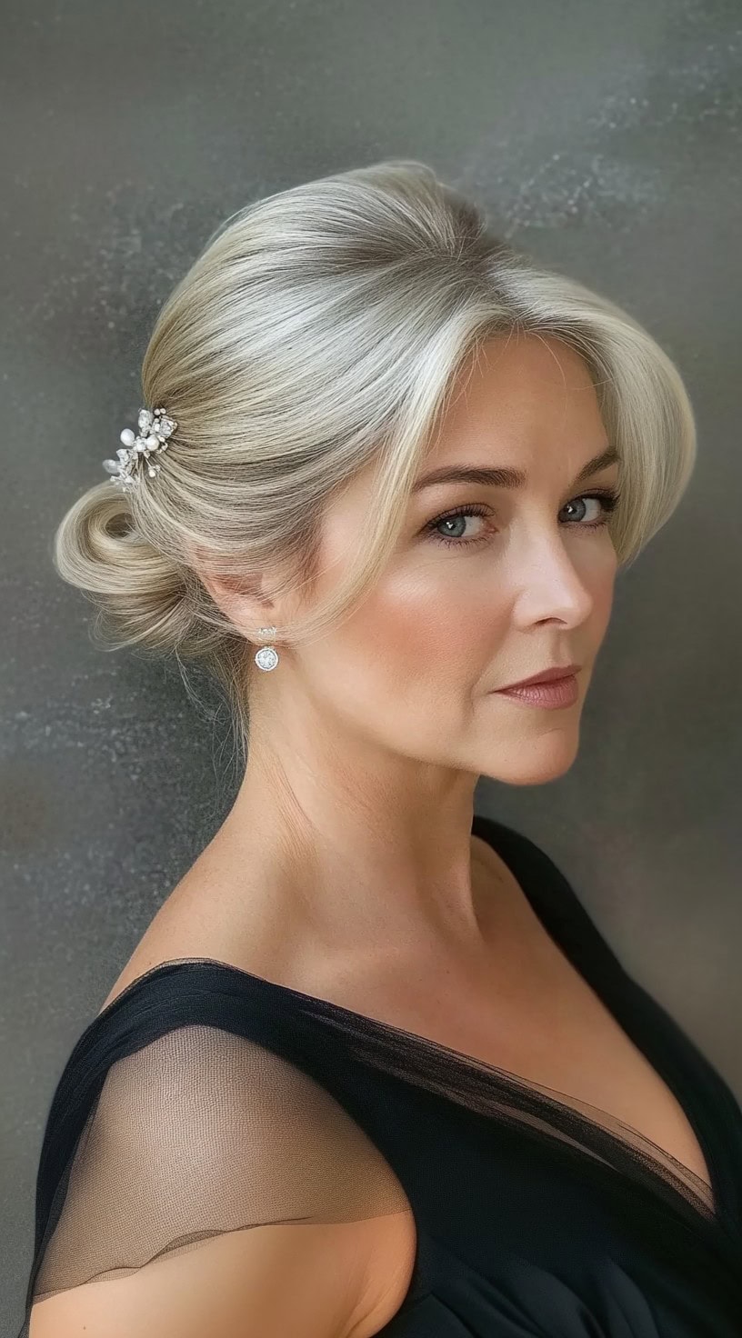 A sophisticated low bun hairstyle adorned with a pearl and crystal hairpin, ideal for formal events.