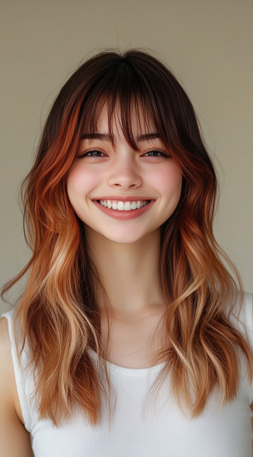 A front view of wavy, shoulder-length hair with dark auburn roots melting into strawberry blonde and golden face-framing highlights.