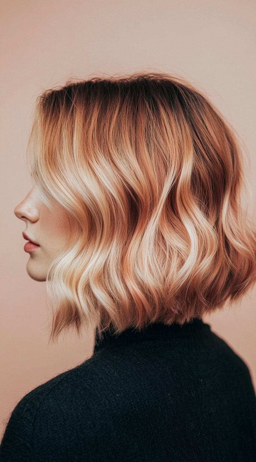 A side-profile view of a wavy, chin-length bob with face-framing strawberry blonde highlights and soft champagne ends.