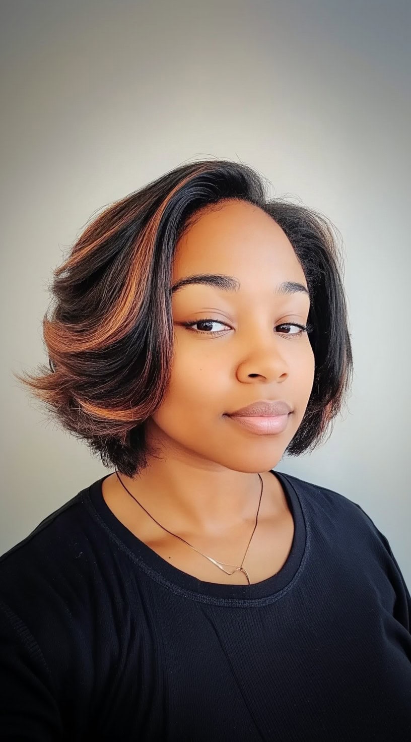 A woman with a short feathered bob styled with soft layers and warm brown highlights against dark hair.