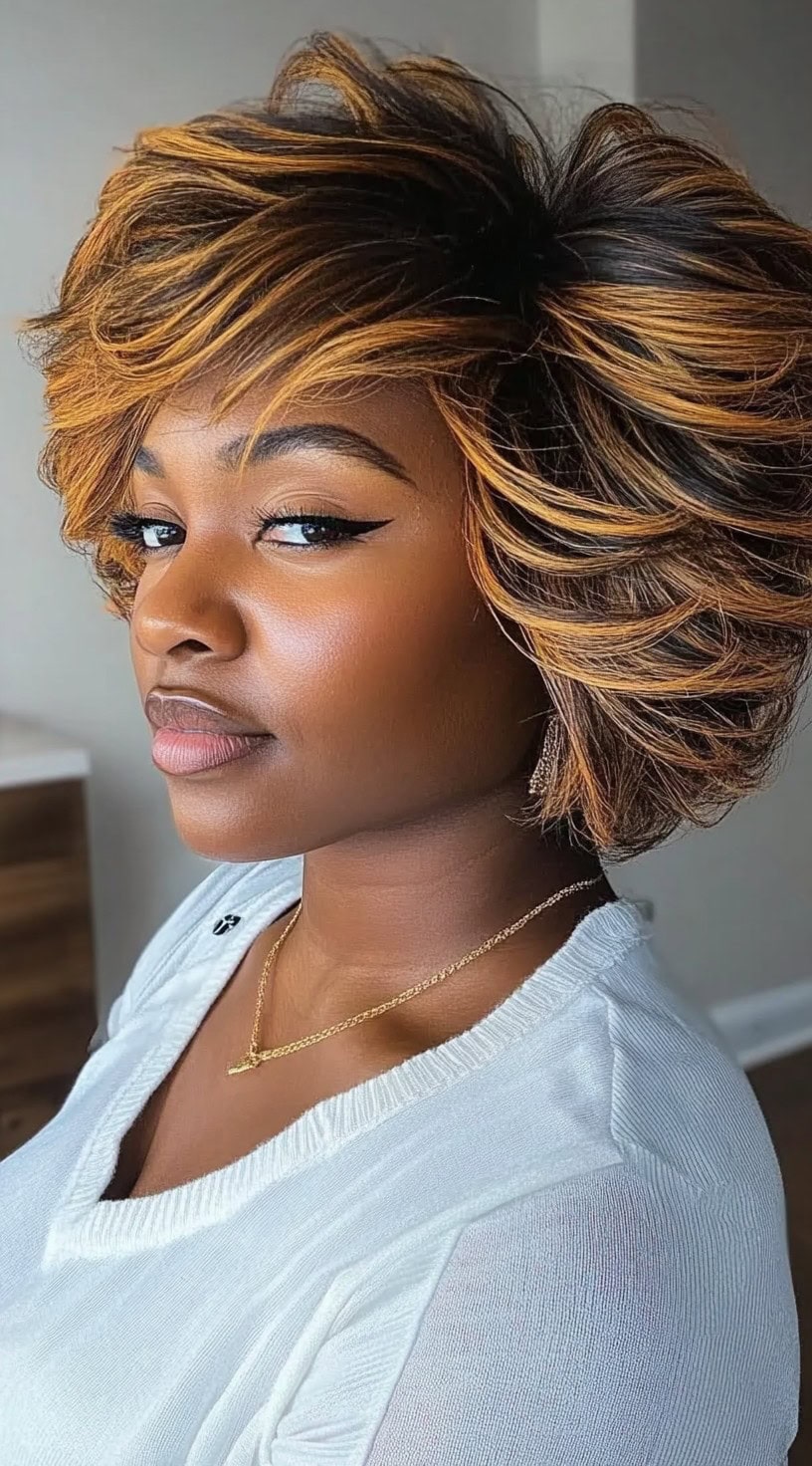 A woman with a voluminous feathered pixie bob, featuring bold honey blonde highlights and airy, lifted layers.