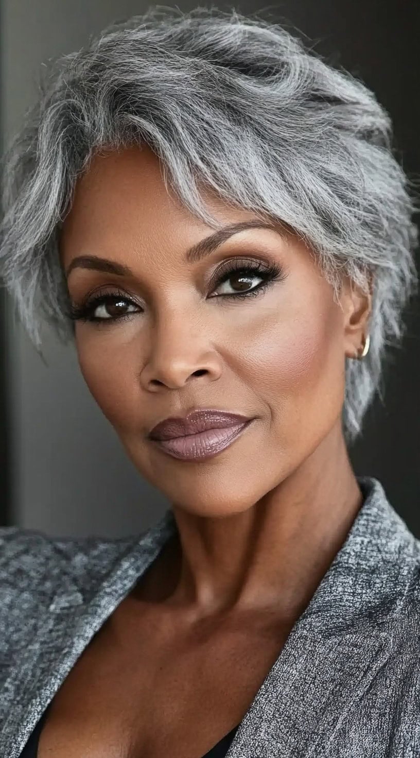 A stylish older Black woman with short, layered gray hair styled in a feathered pixie cut, wearing a gray blazer and looking confident.